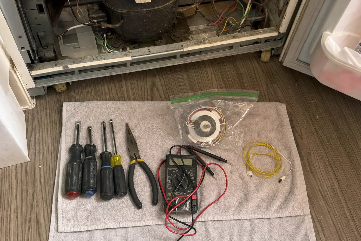Screwdrivers, pliers, a multimeter and a coil of copper line laid out on a towel in front of an opened refrigerator machine compartment