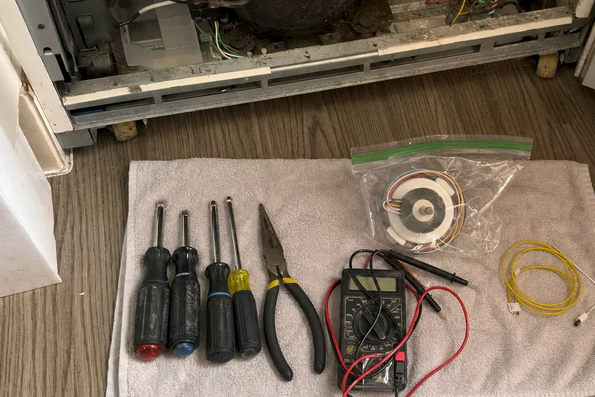 Hand tools and a digital multimeter arranged on a work towel beside a bagged replacement fan motor