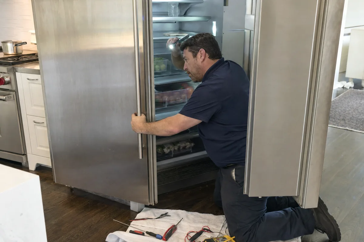 The same built-in seen from the other side, doors open onto loaded shelves while the technician works at the lower panel