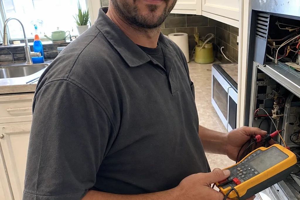 A technician in a grey work polo standing beside an opened appliance cavity, a yellow multimeter in his hands